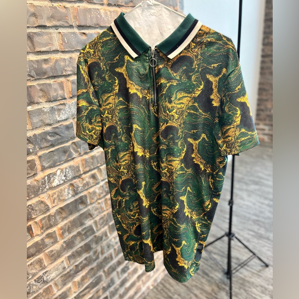 ASOS DESIGN Polo Shirt with Marble Print and Zip Neck